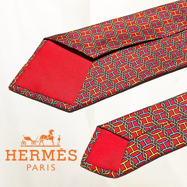 Hermes(エルメス)の高級 フランス製 HERMES エルメス Hマーク 総柄 レッド 高級シルク メンズのファッション小物(ネクタイ)の商品写真