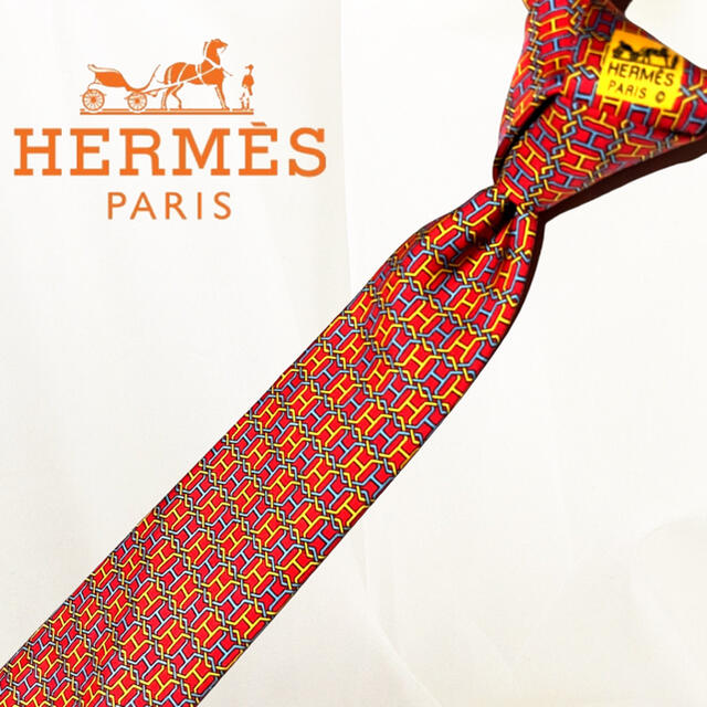 Hermes(エルメス)の高級 フランス製 HERMES エルメス Hマーク 総柄 レッド 高級シルク メンズのファッション小物(ネクタイ)の商品写真