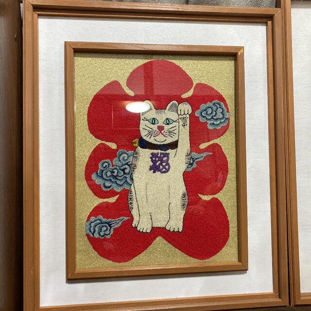 文化刺繍　招き猫　アート　絵画