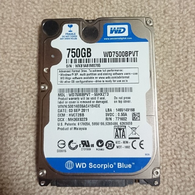 WD HDD 2.5インチ 750GB スマホ/家電/カメラのPC/タブレット(PCパーツ)の商品写真