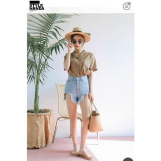 スタイルナンダ(STYLENANDA)のコットンシャツ ブラウン stylenanda 韓国ファッション シャツ(シャツ/ブラウス(半袖/袖なし))