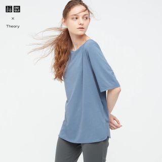 ユニクロ(UNIQLO)の【新品】UNIQLO×Theory  エアリズムボートネックT（5分袖）ブルーS(Tシャツ(半袖/袖なし))