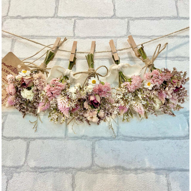 ドライフラワー スワッグ ガーランド❁433 薔薇 ピンク 白スターチス 花束 ハンドメイドのフラワー/ガーデン(ドライフラワー)の商品写真