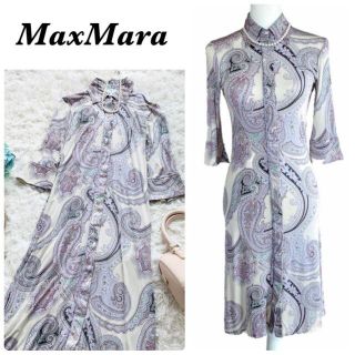 マックスマーラ(Max Mara)の美品♡白タグ マックスマーラ　ペイズリー柄　ストレッチシャツワンピース　40 L(ロングワンピース/マキシワンピース)