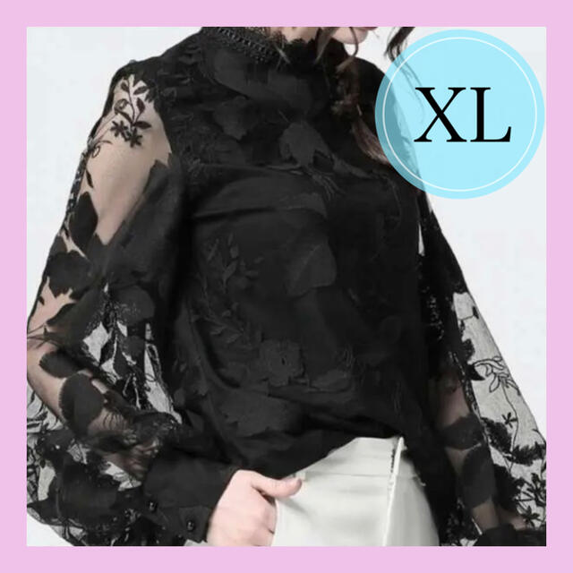 大人 可愛い 花柄 刺繍 シースルー フリル ネック ブラウス バルーン袖 XL レディースのトップス(シャツ/ブラウス(長袖/七分))の商品写真