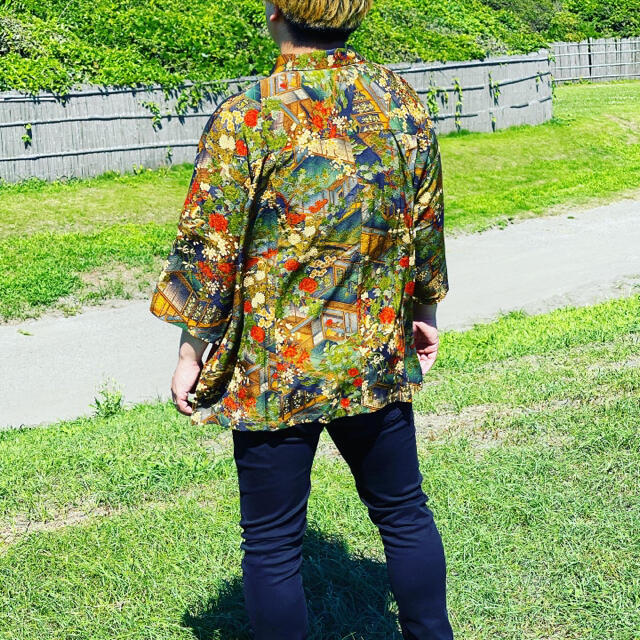 リユース 和柄シャツ 後染 小紋 花 建物 カーキ 赤 青 大正ロマン 一点 ...