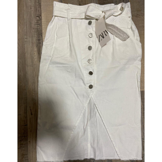 ザラ(ZARA)のzara ホワイト　スカート　デニム　ザラ　ハイウエスト　ボタン　H&M(ひざ丈スカート)