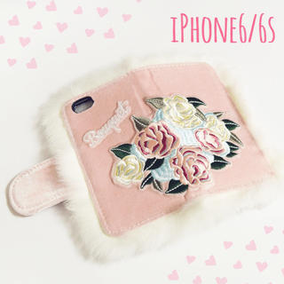 ♡ブーケ刺繍♡ベロア×ファーの鏡付き手帳型ケース アイフォン6 ピンク(iPhoneケース)