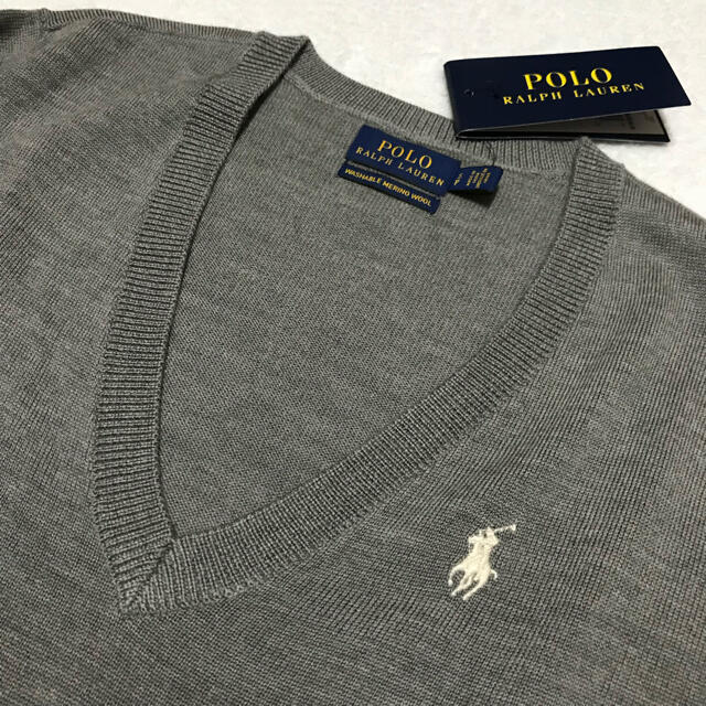 POLO RALPH LAUREN(ポロラルフローレン)のレディース XS 新品 WASHABLE メリノウール Vネックニット グレー レディースのトップス(ニット/セーター)の商品写真