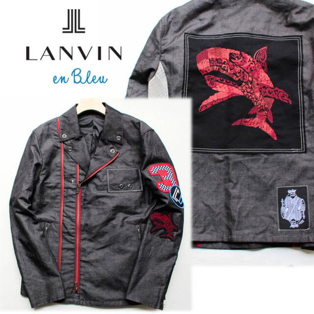 LANVIN en Bleu(ランバンオンブルー)の《ランバン》新品 クジラモチーフ チェック切替 ライダースジャケット 48(L) メンズのジャケット/アウター(ライダースジャケット)の商品写真