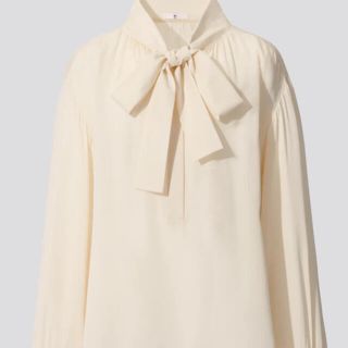 ジルサンダー(Jil Sander)の ユニクロ +J シルクギャザーブラウス　ジルサンダー　ボウタイ　オフホワイト(シャツ/ブラウス(半袖/袖なし))