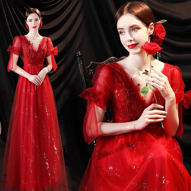 新作人気モデル ファッショナブルな赤いパフスリーブ宴会イブニングドレス ロングドレス
