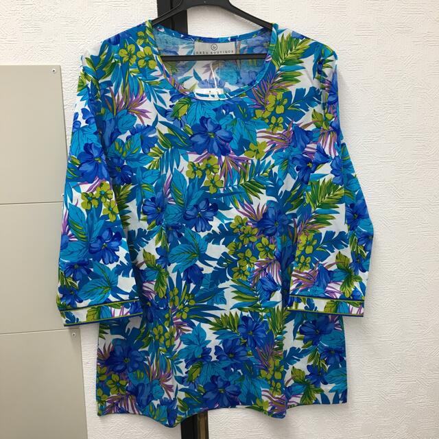 トップスgres花柄Tシャツブルー