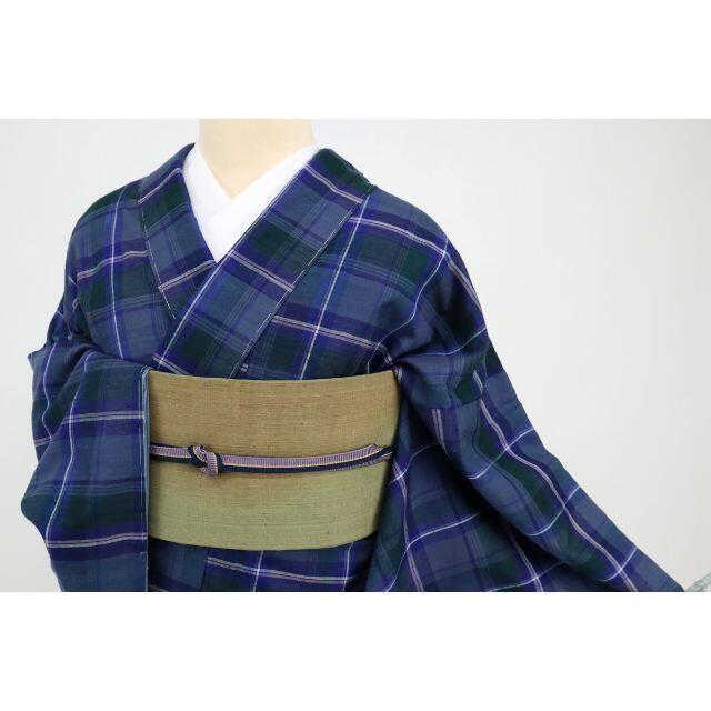 長尺□紬小紋◇格子チェック柄□濃淡青系◇普段着に□袷正絹着物◇TA9
