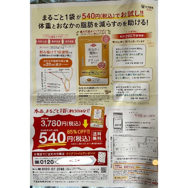 大正製薬(タイショウセイヤク)のおなかの脂肪が気になる方のタブレット　定価３７８０円→５４０円→申込用紙１枚 コスメ/美容のダイエット(ダイエット食品)の商品写真