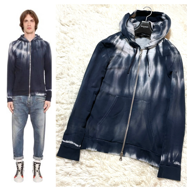本物 美品 バルマンオム ブリーチ加工 ZIP UP パーカー XS 濃紺 - パーカー