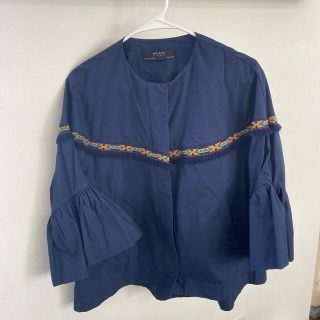 ザラ(ZARA)のZARA ザラ　ネイビー　コットンジャケット　エスニックフリンジ　US Sサイズ(ノーカラージャケット)