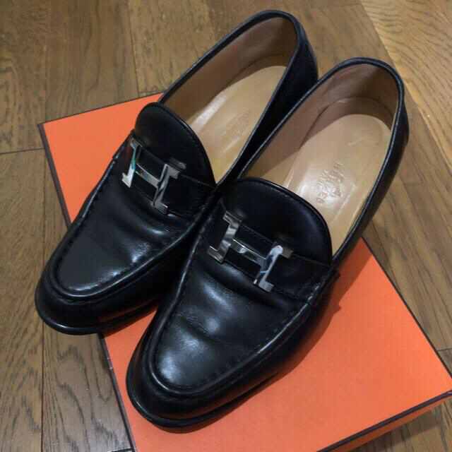 37JP235cmヒール５㎝エルメス　HERMES ローファー　ブラック　37サイズ