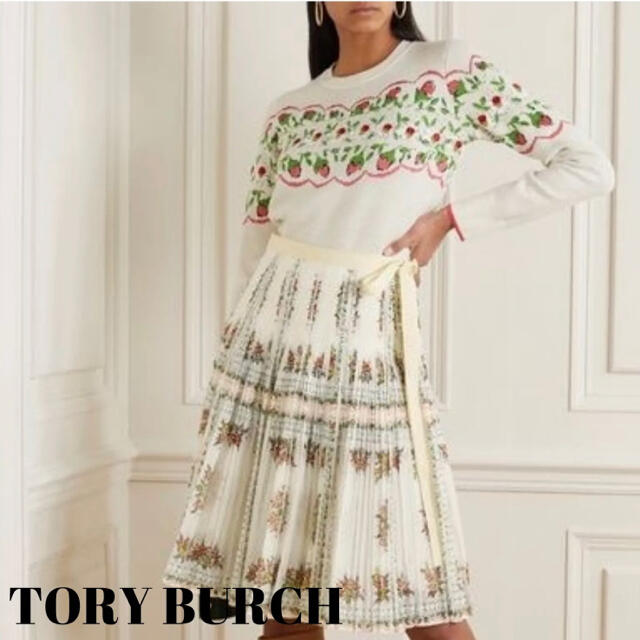 極美品 トリーバーチ スカート 綿ボイル 2 タック 花柄 ラップスカート 白色