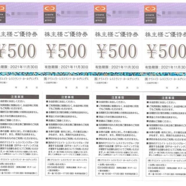 クリエイト・レストランツHD 株主優待 12000円分(500円券×24枚)レストラン/食事券