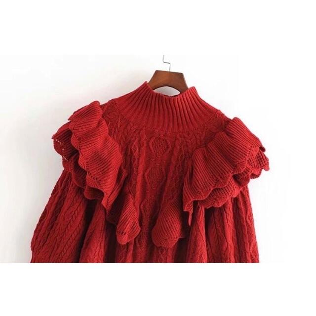 ZARA(ザラ)の🌰9月新作🌾6115◆red レッド ボリューム フリル ニット セーター レディースのトップス(ニット/セーター)の商品写真