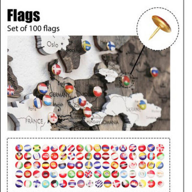 【値下げ】世界地図　インテリア　壁掛け 木製　ウォール　Lサイズ　国旗ピン付き