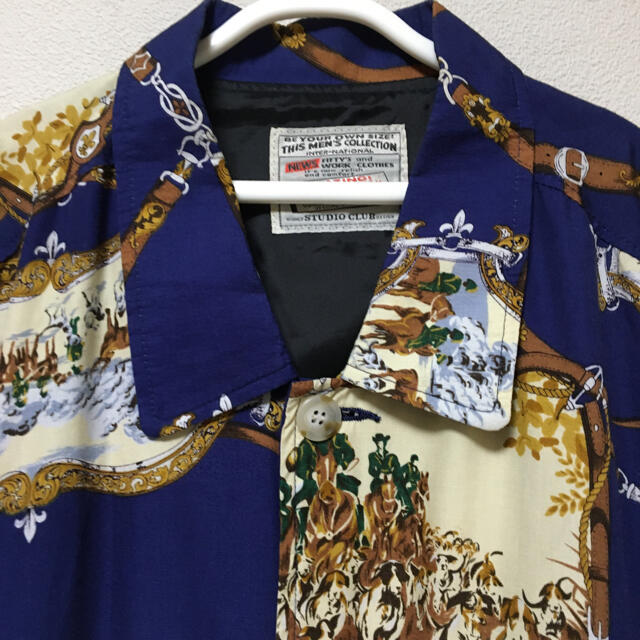 ギフト 希少 春向き 青 乗馬 人物 スカーフ柄 メンズブルゾン vintage