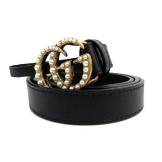 グッチ(Gucci)のグッチ レザーベルト パール ダブルG スムースレザー 黒(ベルト)