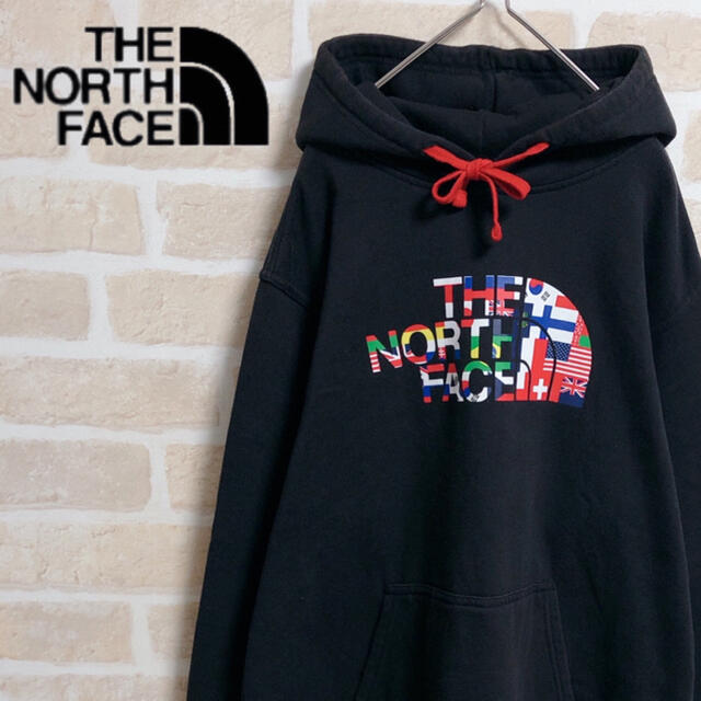 THE NORTH FACE ノースフェイス パーカー 黒 デカロゴ 国旗 M