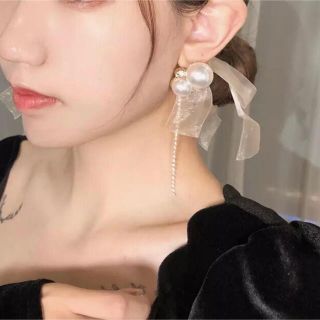 エイミーイストワール(eimy istoire)の【NEW】新品インポート♡チュール パール リボン ジルコニア ロング ピアス(ピアス)