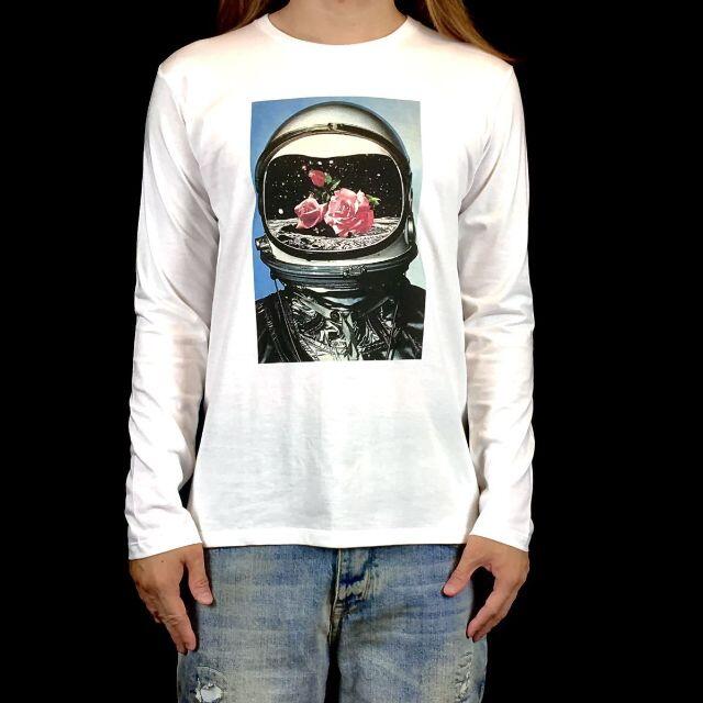 【デザインTシャツ】新品 宇宙飛行士 アストロノーツ 薔薇 コラージュ ロンT