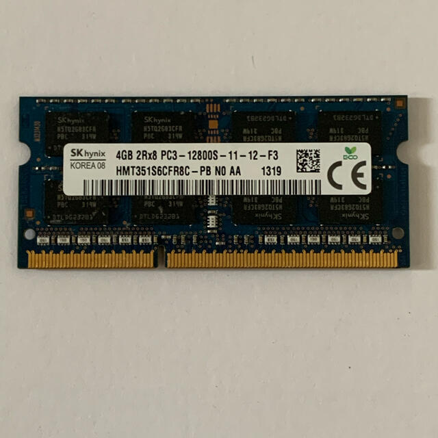 ノートパソコン用メモリ4GB×1計4GB PC3-12800S スマホ/家電/カメラのPC/タブレット(ノートPC)の商品写真