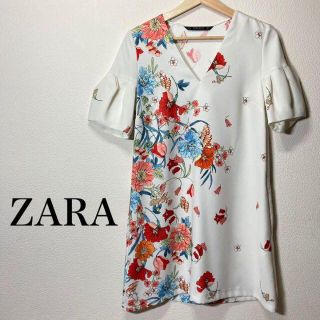 ザラ(ZARA)のZARA フレアスリーブ ワンピース 半袖 EUR:S 花柄 ボタニカル柄(ひざ丈ワンピース)