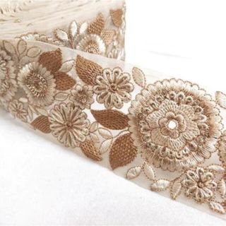 インド刺繍リボン チュールレース 北欧 ベージュ ゴールド ブラウン 大輪の花(各種パーツ)