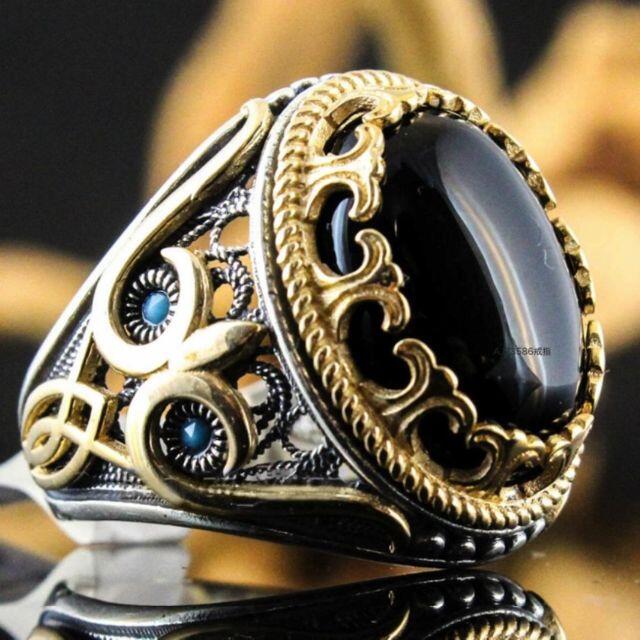 新品 ラグジュアリー 彫メンズ 指輪 コンビ ブラック オニキス風 メンズのアクセサリー(リング(指輪))の商品写真