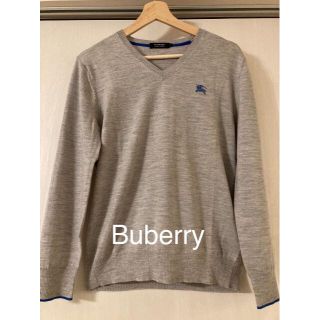 バーバリーブラックレーベル(BURBERRY BLACK LABEL)のバーバリーブラックレーベル　薄手セーター　ウール　胸刺繍ロゴ　グレー(ニット/セーター)