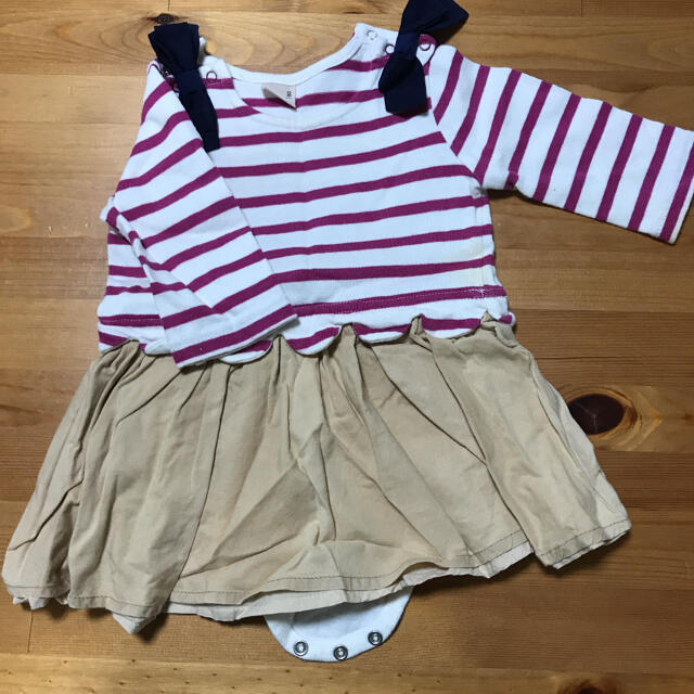 petit main(プティマイン)のプティマイン  ワンピース   ボーダー　リボン　ピンク　80㎝　 キッズ/ベビー/マタニティのベビー服(~85cm)(ワンピース)の商品写真