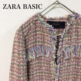 ZARA BASIC ザラベーシック　ピンク　ツィード　ノーカラージャケット S(ノーカラージャケット)