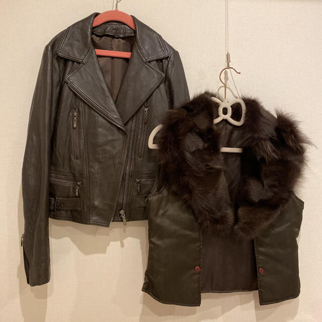 美品!本革!リアルファー2wayライダースジャケット クリスマスツリー