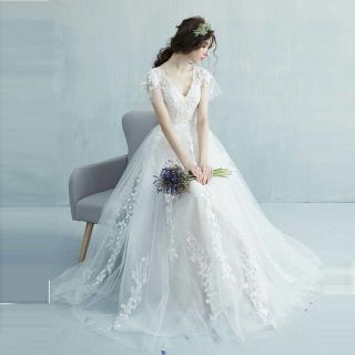 ウエディングドレス ノースリーブ 白 二次会 安い エンパイア 花嫁 フォト(ウェディングドレス)