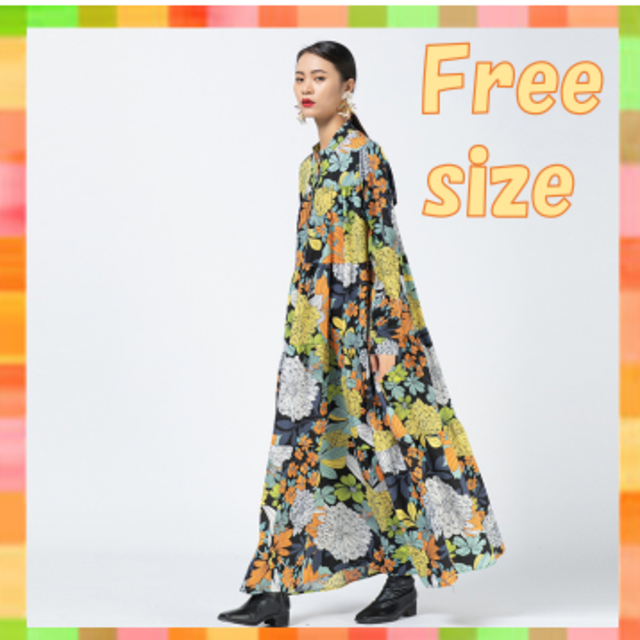 FREESIZEワンピース♡ボタニカルレトロティアードフラワー花柄ロングマキシ