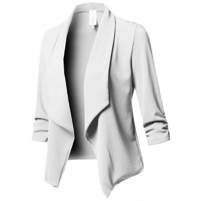 ソフト生地　7分袖テーラードジャケット風ブルゾン　白　L レディースのジャケット/アウター(テーラードジャケット)の商品写真