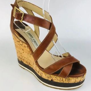 ジミーチュウ(JIMMY CHOO)の美品★JIMMY CHOO・クロスレザー ウェッジソール サンダル（381/2）(サンダル)