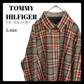 トミーヒルフィガー(TOMMY HILFIGER)のUSA古着トミーヒルフィガー BDシャツ Lサイズ チェック ブラウン オレンジ(シャツ)