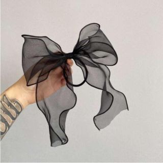 黒 オーガンジー ビッグリボンヘアゴム シフォン 立体 韓国 量産型