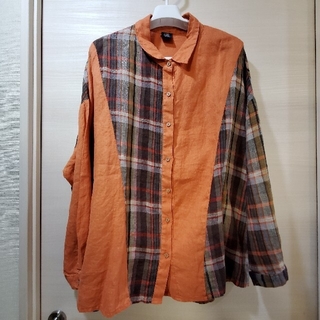 ブラックフライデー【Maua】オレンジ×チェック柄 切り替えシャツ 美品(シャツ/ブラウス(長袖/七分))