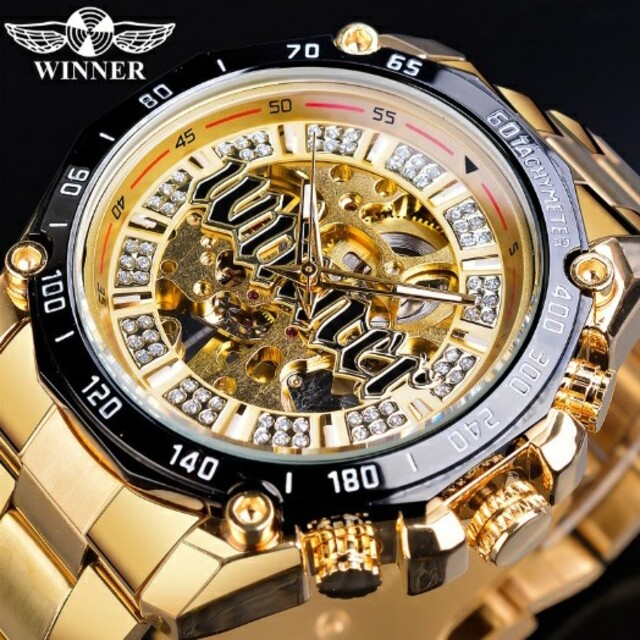 新品 送料無料 3D ゴールド フルスケルトン 自動巻き 機械式 腕時計