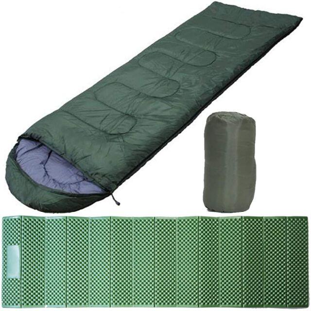 寝袋 シュラフ 封筒型 軽量 コンパクト 210T防水 折り畳みシート付属 緑色