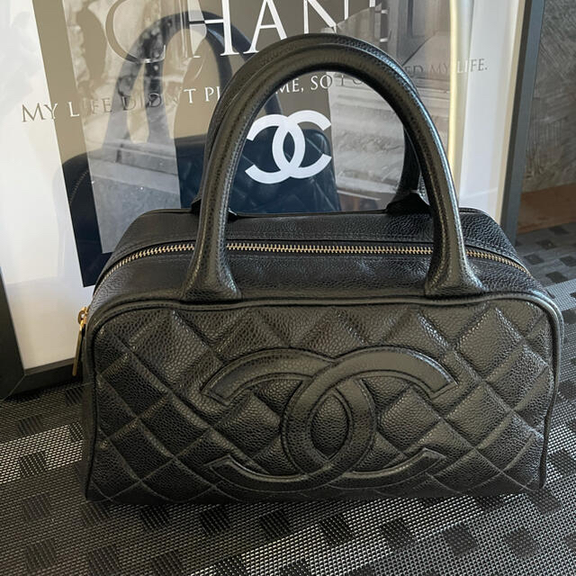 CHANEL シャネル 黒 ソフトキャビア ボストン ショルダーバッグ