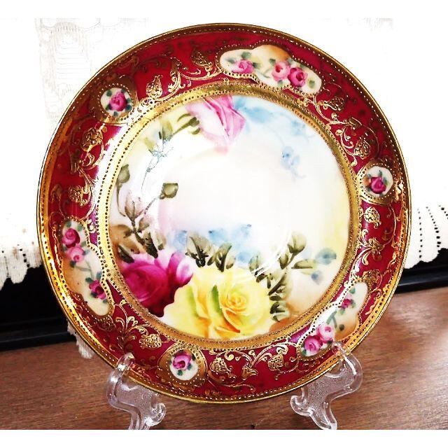 豪華!オールドノリタケ ケーキ皿 薔薇文 深紅 金盛 メープルリーフ を